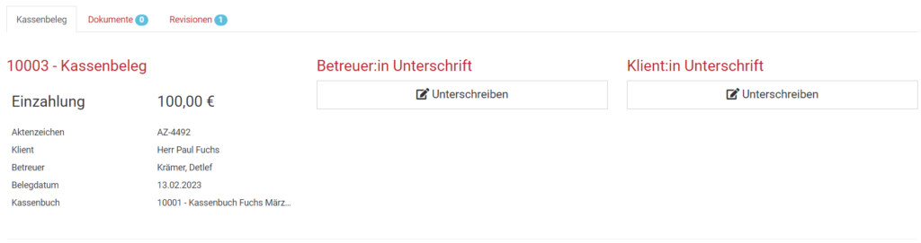 Kassenbelege unterschreiben in BEWO-Online