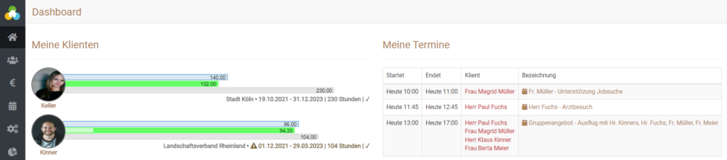 Tagestermine auf dem Dashboard von BEWO-Online