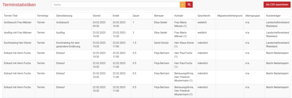 Terminstatistiken filtern in BEWO-Online
