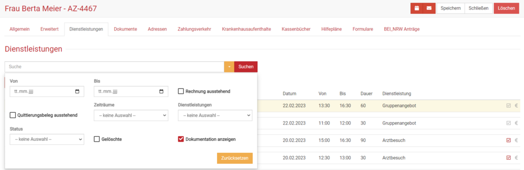 Dokumentation anzeigen lassen in Dienstleistungen bei somedo