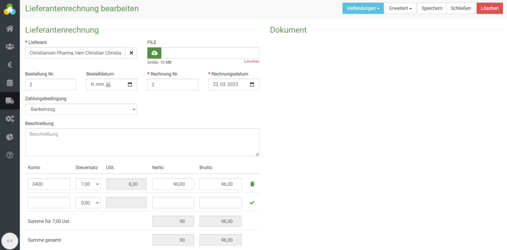 Eine Lieferantenrechnung für die Faktura in der Warenwirtschaft von somedo hinterlegen