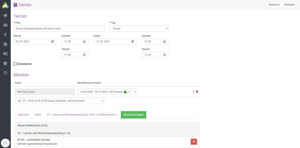 Einen Termin nach ICF-Kapiteln anlegen und dokumentieren