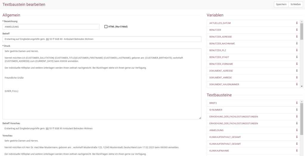 Briefe mit Textbausteinen in somedo erstellen.
