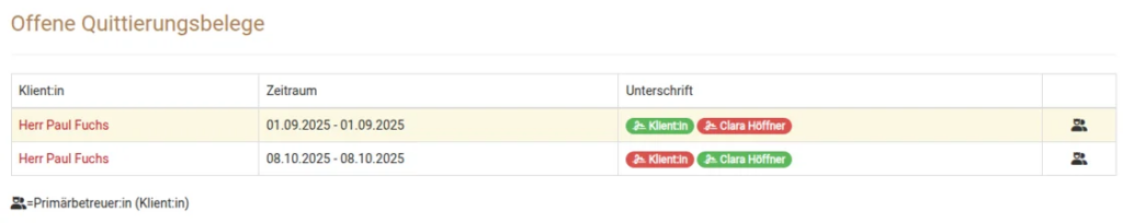 Ansicht noch offener Quittierungsbelege