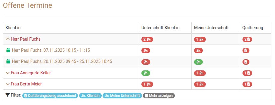 aktualisierte Ansicht der Termine im Dashboard